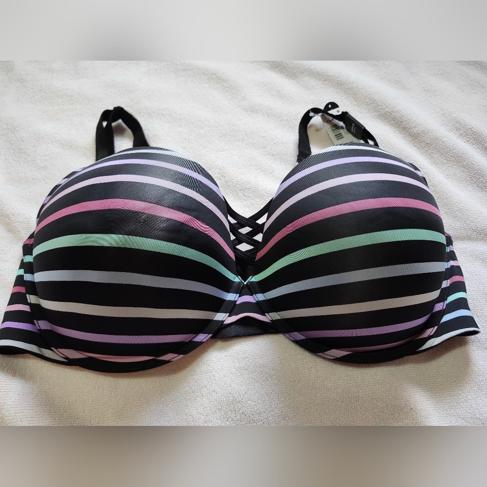 Torrid Xo Plubge Black and Pastel Striped Bra.